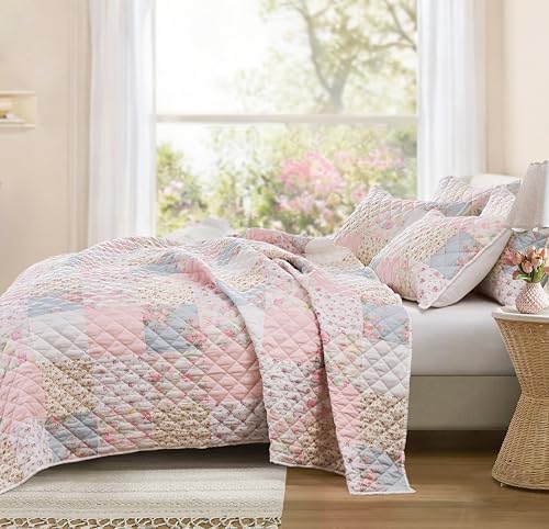 Wonderful - Real Patchwork Quilt Set Queen Size, 3 Piece Cotton Front Floral Pink Bedding, Boho Farmhouse Reversible Bedspread for All Season, 90"x90"