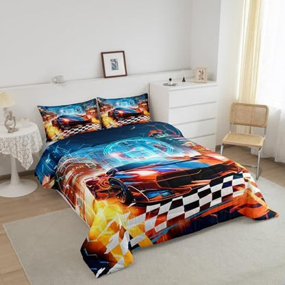 Feelyou Boys Orange Race Car Full Size Bedding Set Kids Racing Car Decor Comforter Extreme Sports Car Comforter Set for Teens Honeycomb Grid Car Comforter Quilt Set Car Room Decorations