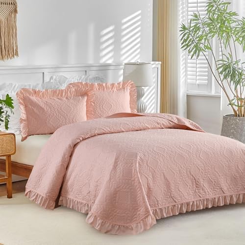 DJY Queen Size Quilt Sets, Ruffled Bedding Set, Blush Pink
