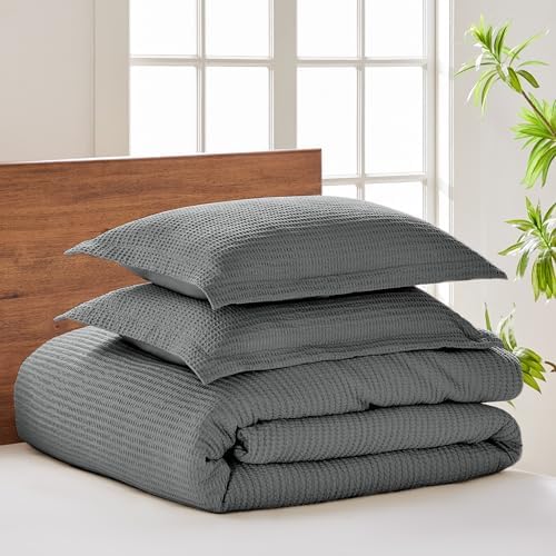 Levtex Home Cloud Waffle Twin/Twin XL Comforter Set (68x88in) with 1 Pillow Sham (26x20in) - Solid Waffle Cotton Texture - Charcoal - 100% Cotton Twin Size Comforter Set - Soft, Pre-Washed