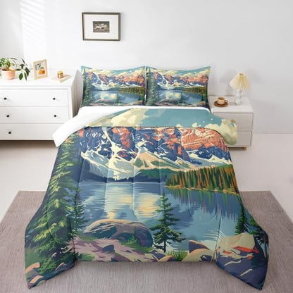 Lake House Comforter Set Full Size,Camping Adventure Theme Duvet Insert 3Pcs,Mountain Lake Woodland Nature Bedding Set for Kids Teens Adults Room Decor,Fishing and Hunting Quilt Set,2 Pillowcases