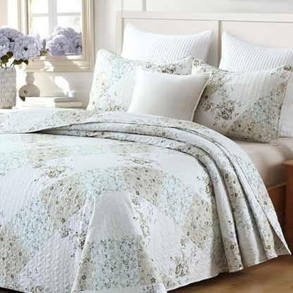 HIARUO Quilt Set King Size 3 Pieces Floral Patchwork Comforter Bedspread Boho Plaid Coverlet Reversible Lightweight Farmhouse Bedding with 2 Pillow Covers Shams for All Season, Green Purple