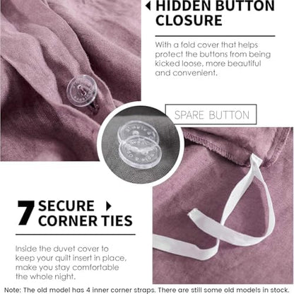 Simple&Opulence 100% Linen Duvet Cover Set 3pcs Basic Style Natural French Washed Flax Solid Color Soft Breathable Farmhouse Bedding with Button Closure - Purple, Queen