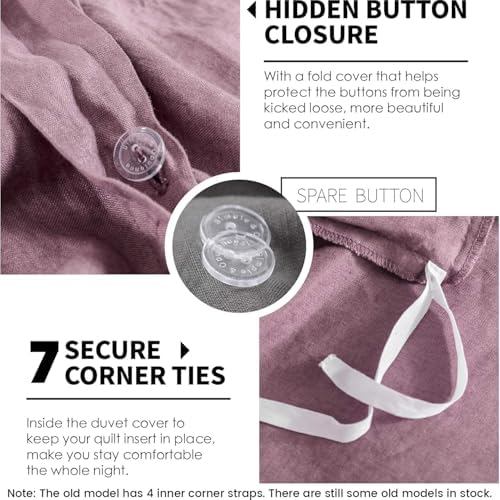 Simple&Opulence 100% Linen Duvet Cover Set 3pcs Basic Style Natural French Washed Flax Solid Color Soft Breathable Farmhouse Bedding with Button Closure - Purple, King