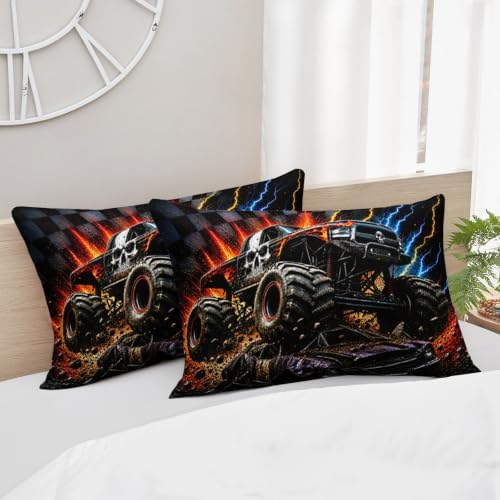 AILONEN Queen Comforter Set 3 Piece, Orange Black Off Road Truck 3D Printed Bedding with 2 Pillowcases, Soft Lightweight Microfiber Lightning Track Decor for Master Suite