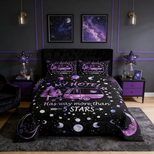 Camping Adventure Comforter Set Full Size,Camper RV Trailer Decor Bedding Set 3pcs for Kids Boys Girls Adults,Sun Moon Starry Sky Rustic Down Comforter,Purple Romantic Duvet Insert,2 Pillowcases