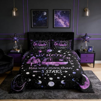 Camping Adventure Comforter Set Full Size,Camper RV Trailer Decor Bedding Set 3pcs for Kids Boys Girls Adults,Sun Moon Starry Sky Rustic Down Comforter,Purple Romantic Duvet Insert,2 Pillowcases