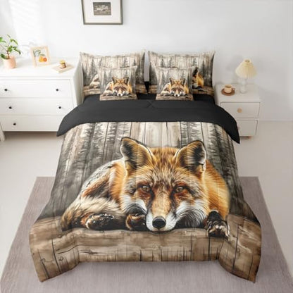 Erosebridal Fox Hunting Bed in A Bag 7 Pcs Jungle Wildlife Comforter Set for Kids Boys Girls Natural Woodland Animals Bedding Sets Twin Rustic Country Pine Trees Sheet Set with Comforter