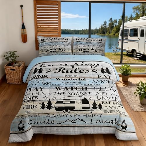 Manfei Rustic Adventure Camper Kids Comforter Set Full Size,Happy Camping Cabin Lake House Bedding Set,Girls Boys Room Decor,Cottage Wooden Door Quilt Comforter,Country Duvet Insert,2 Pillowcases