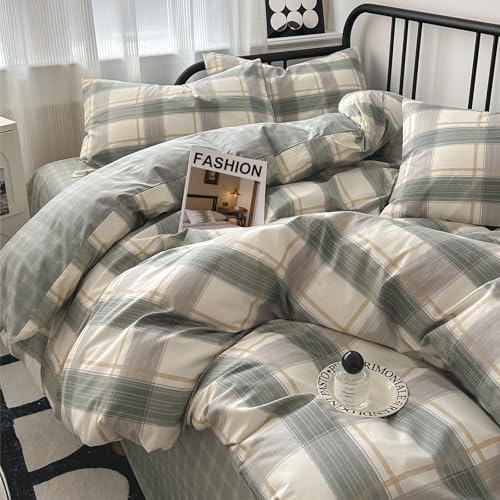 mixinni Green Grid Duvet Cover Set Twin - Vintage Buffalo Plaid Bedding Set-Green &Yellow&Beige, Soft Cotton Geometric Checkered Bedding Set with 2 Pillowcases for Boys, Girls, Teens