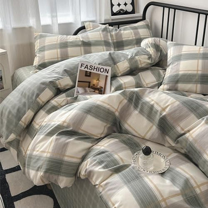 mixinni Green Grid Duvet Cover Set Twin - Vintage Buffalo Plaid Bedding Set-Green &Yellow&Beige, Soft Cotton Geometric Checkered Bedding Set with 2 Pillowcases for Boys, Girls, Teens