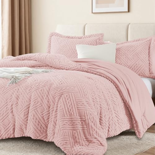 Homelike Moment Fleece King Comforter Set, Fluffy Bed Set 3 Piece Pink