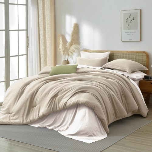 Prewashed Full Size Comforter Set 7 Pieces, Beige Bed Set