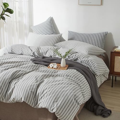 Striped Duvet Cover Set 100% Washed Cotton Linen Feel Full