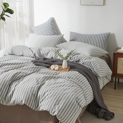 Striped Duvet Cover Set 100% Washed Cotton Linen Feel Full