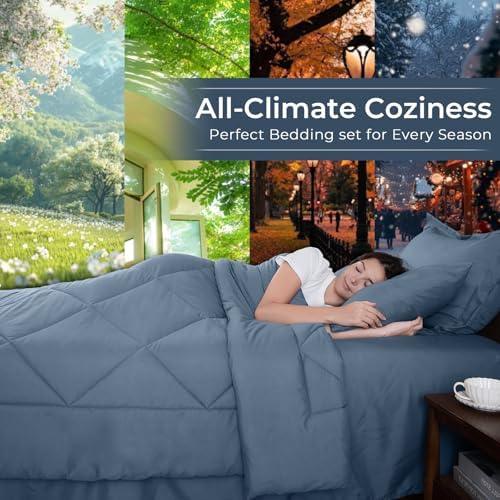 HEVUMYI 7-Piece Full Comforter Set, Dusty Blue Bed in a Bag