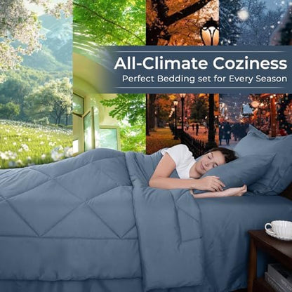 HEVUMYI 7-Piece Queen Comforter Set, Dusty Blue Bed in a Bag