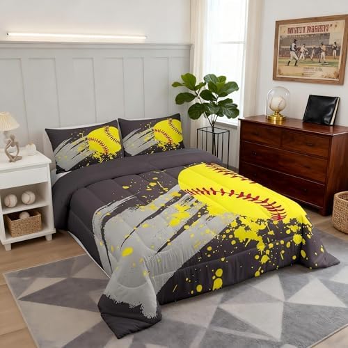 Softball Pattern Comforter Set for Teens Sports Games Bedding Set Yellow Ball Bedding Home Decor for Kids Comforter Twin Size 2 Pcs Watercolor Quilted Duvet Set 1 Comforter with 1 Pillowcase