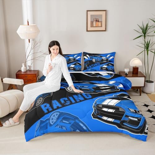 Erosebridal Blue Race Car Bedding Set for Boys Sports Car Comforter Set King,Race Car Bedroom Decor for Boys Girls Kids Racing Car Comforter Set Cool Race Cars Gamer Bedding Sets 3Pcs