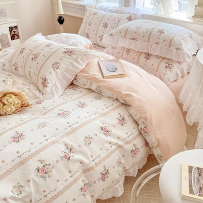 VM VOUGEMARKET Pink Flower Duvet Cover Set Twin Reversible Ruffle Duvet Cover with Zipper Ties 100% Cotton Cute Romantic Girls White Lace Comforter Cover with 2 Pillow Shams