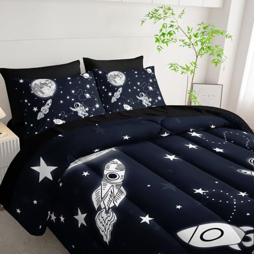 7pcs Space Comforter Set3D Space Rocket Planets Printed Bedding Set with 1 Comforter, 1 Flat Sheet, 1 Fitted Sheet and 4 Pillowcases for Boys and Girls Bedroom (Rocket Queen