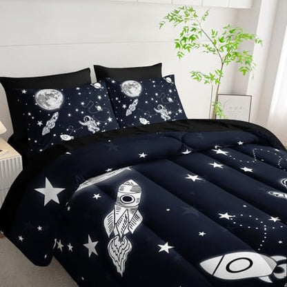 7pcs Space Comforter Set3D Space Rocket Planets Printed Bedding Set with 1 Comforter, 1 Flat Sheet, 1 Fitted Sheet and 4 Pillowcases for Boys and Girls Bedroom (Rocket Full