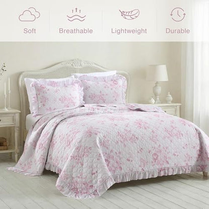 HORIMOTE HOME Pink Ruffled Quilt King Size with 2 Pillow Shams, Shabby Chic Floral Printed Reversible Bedspread Coverlet, Soft Lightweight Comforter Bed Cover for All Season, 3 Pieces, 106x96 inches