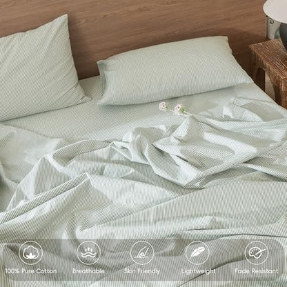 MooMee Striped Duvet Cover Set 100% Washed Cotton Linen Like Queen