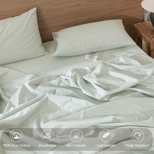 MooMee Striped Duvet Cover Set 100% Washed Cotton Linen Like