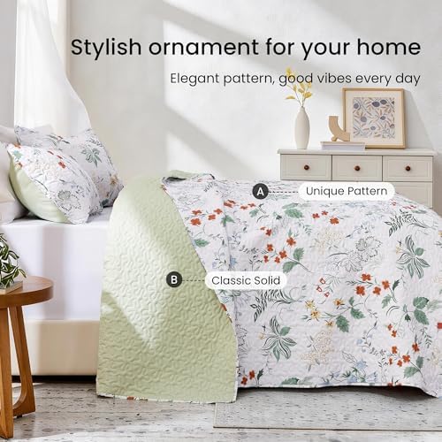 EXQ Home Printed Quilt Set Full Queen Size Green Leaves Bedspread Set