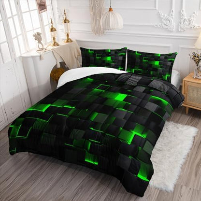 Nttopship Geometric Green Black Comforter Set,Light Honeycomb 3 Piece Bedding Set Twin Size for Teen Boys,Modern Quilt Set Geometry Decor,Microfiber Lightweight 1 Comforter 2 Pillowcases All Season