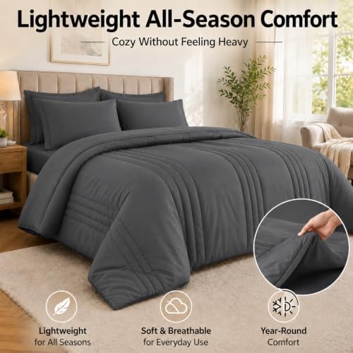 Full Size Comforter Sets Dark Grey, 7 Pieces Bed in a Bag Bedding