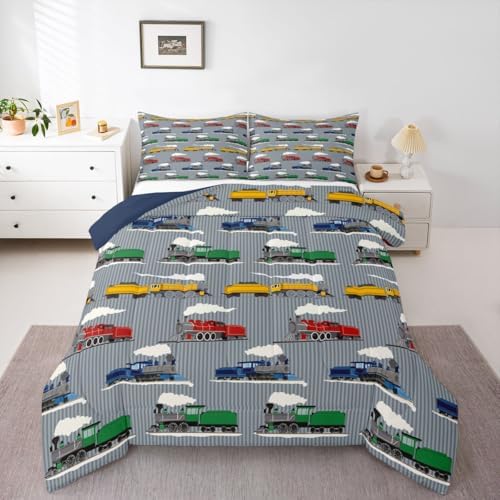 Feelyou Vintage Train Comforter Set Full Size Retro Steam Engine Train Bedding Set for Kids Boys Girls Transport Vehicle Duvet Quilt Bedroom Decor Microfiber 3 Pcs with 2 Pillow Cases