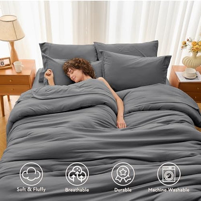 MUXHOMO 7 Pieces Oversized King Comforter Set, Soft Bed in a Bag Oversized King Size, All Season Bedding Set with Comforter, Flat Sheet, Fitted Sheet, Pillowcases & Shams, Dark Grey