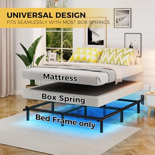 Full Bed Frame with LED Lights, 7 Inch Heavy Duty Metal Base for Box Spring