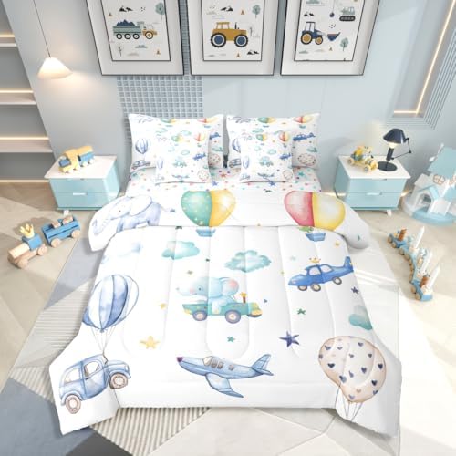 Erosebridal Colorful Hot Air Balloon Queen 7 Pcs Bedding Set, Cute Airplane Aircraft Comforter Set with Sheets for Boys Kids Adults Girls, Cartoon Car Lovely Heart Bed in A Bag, Star Print Bed Sets