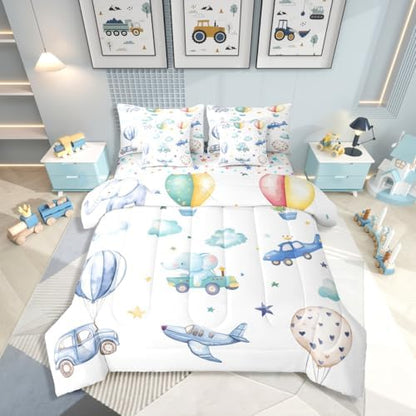 Erosebridal Colorful Hot Air Balloon Queen 7 Pcs Bedding Set, Cute Airplane Aircraft Comforter Set with Sheets for Boys Kids Adults Girls, Cartoon Car Lovely Heart Bed in A Bag, Star Print Bed Sets