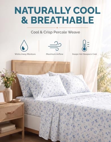 Casa Platino 100% Cotton Sheets Full Size Set - 6 Pieces (1 Flat, 1 Fitted, 4 Pillowcases) - Soft & Breathable Percale Weave - Durable & Cooling Bed Sheets with Deep Pocket - Full Sheet Set - Floralis