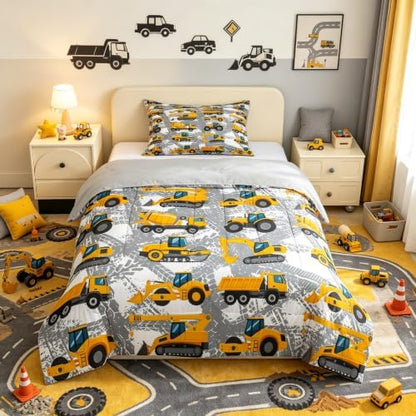 Kids Truck Comforter Set Twin Bedding Sets for Boys Toddler Children Cartoon Cars Construction Tractor Comforter Set Construction Machinery Vehicles Duvet Set Cars Bed Set with 1 Pillow Case