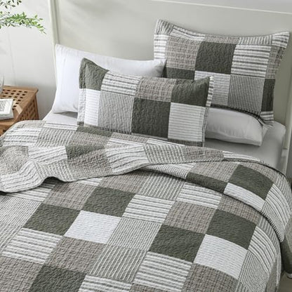 Y-PLWOMEN 100% Cotton King Size Quilt Farmhouse Plaid 3-Pieces Bedding