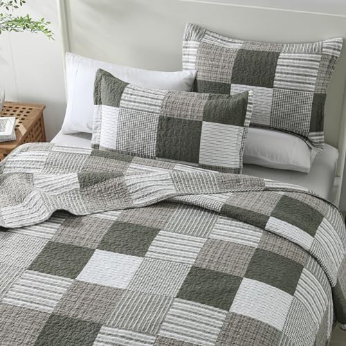 Y-PLWOMEN 100% Cotton Quilts Queen Size Farmhouse Plaid 3-Pieces Bedding