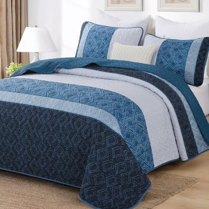 Cottolester Navy Blue Full Quilt Set,Striped Plaid Bedspread Coverlet Set