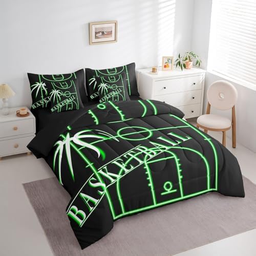 Boys Basketball Bedding Twin Size 7Pcs for Kids Teens Black Green Comforter Set, Sports Gaming Bedding Comforter Sets Green Basketball Court Bed in a Bag, Ball Game Bedding Accessories Super Cozy