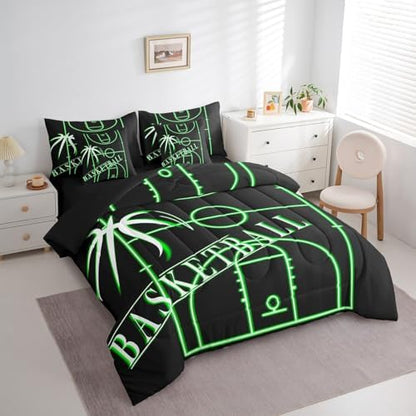 Boys Basketball Bedding Twin Size 7Pcs for Kids Teens Black Green Comforter Set, Sports Gaming Bedding Comforter Sets Green Basketball Court Bed in a Bag, Ball Game Bedding Accessories Super Cozy