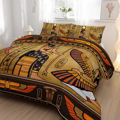 Nttopship Ancient Egypt Comforter Bedding Set with 2 Pillowcase Queen Size Pharaoh Pyramid Comforter Set for Kids Boys Girls Bedroom Decor