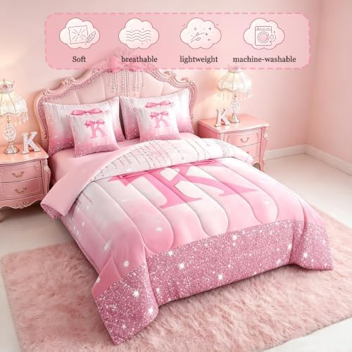 Feelyou Kids Pink Bowknot 7 Pieces Bedding Set Queen Size for Boys Girls