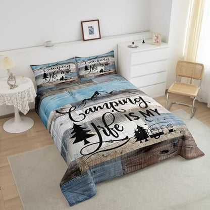 Manfei Camping Comforter Set Queen Size, RV Trailers Camper Bedding Set for Kids Boys Girls Room Decor, Grey Blue Wooden Adventure Theme Down Comforter, Rustic Farmhouse Duvet Insert, 2 Pillowcases