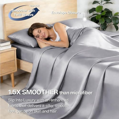 MR&HM Queen Sheets 4 Pieces, Rayon Derived from Bamboo Blend, Silver Grey