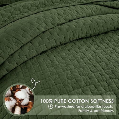 palassio Olive Green 100% Cotton Quilt Queen Size Bedding Sets with 2 Pillow Shams, Textured Lightweight Soft Bedspread Shabby Chic Coverlet, Quilted Comforter Bed Cover for All Season, 3 Pieces
