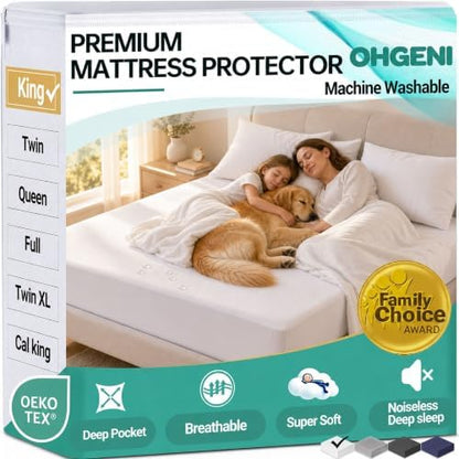 OhGeni Waterproof Mattress Protector, King Size Mattress Pad Fitted with Deep Pocket 6''-18'', Breathable Noiseless & Soft, Washable Dirt-Proof Mattress Cover for Home, Bedroom, White, Daybed Cover